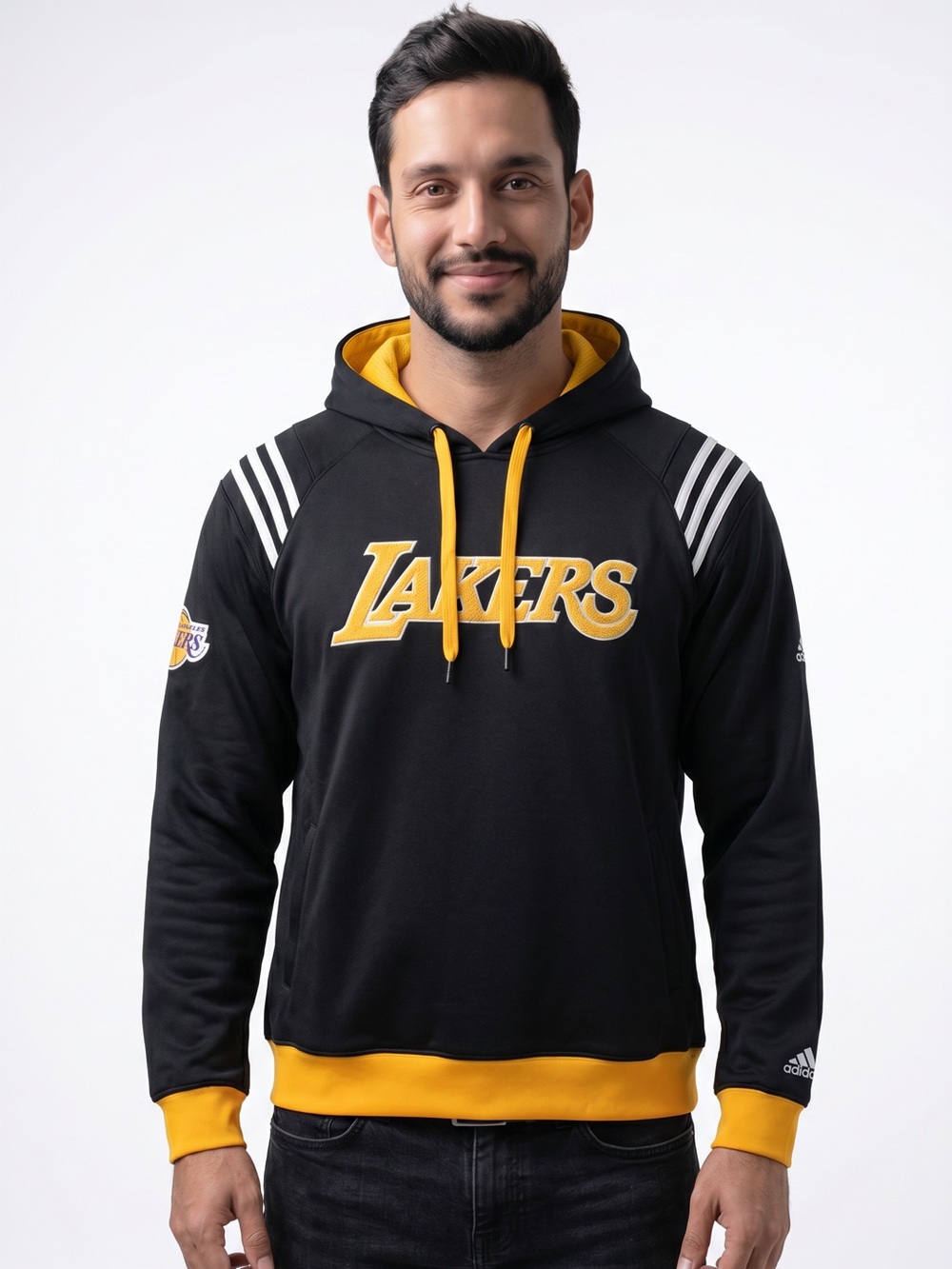 Adidas Los Angeles Lakers NBA Hoodie Blk Yellow Mens Large L Mesh Lined Pullover